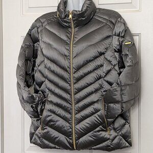 Bebe Women's  Zipper Hidden Hood Puffer Jacket Shiny Size Large Gray